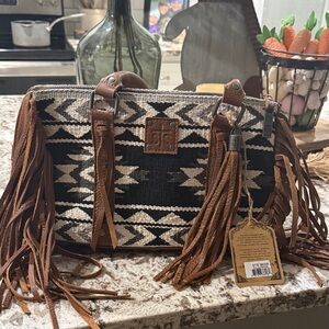 STS Ranchwear Black & Cream Aztec Fringe Tote with Brown Leather